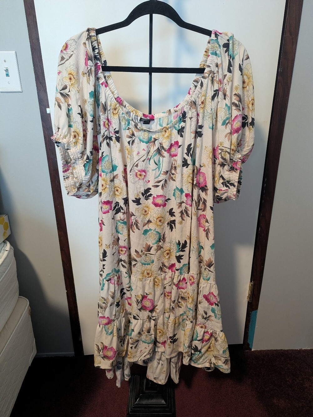torrid Cream Floral High-Low Midi Dress with Pink & Teal Blooms